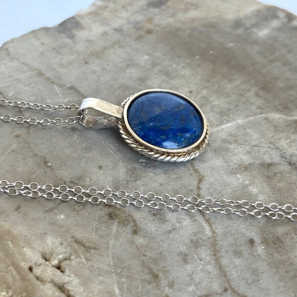 950 Silver Dainty Round Lapis Lazuli Pendant Cabochon Necklace 18" Cable Chain - Picture 12 of 16